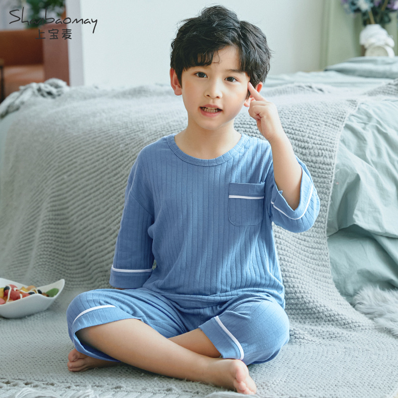 SHANGBAOMAI 여름 신작 어린이 잠옷 세트 소년 잠옷 에어컨 옷 소년 잠옷 중간 소매 7부 소매 얇은