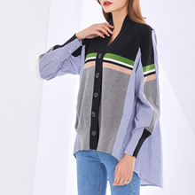 2022春季新款韓版撞色針織衫單排扣開衫設計撞色拼接條紋襯衫女