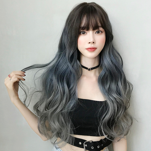 Wavy Hair Wigs Burst wig female long hair big wave gradient blue gray full head cover popular whole top hair cover