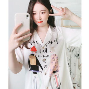 佐裳夏季短袖女士夏睡衣ins风可爱卡通女丝绸宽松家居服套装1793