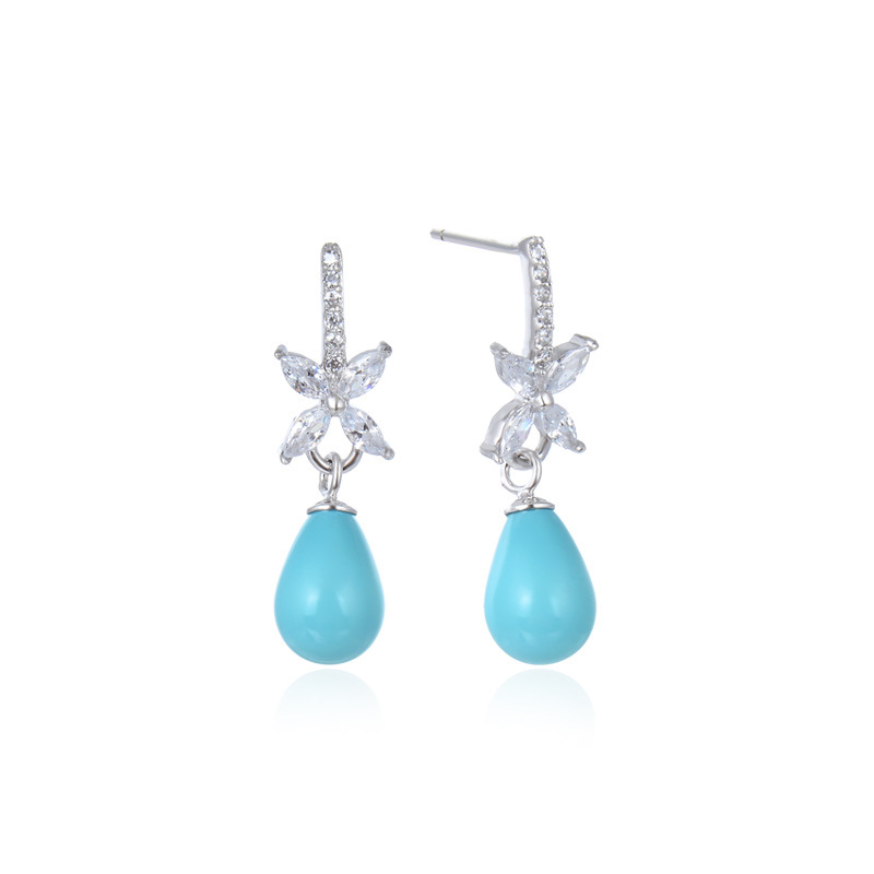 Estilo coreano Super Hada elegante flor con incrustaciones de circón pendientes mujer s925 plata esterlina trébol azul Shell perlas pendientes de perlas