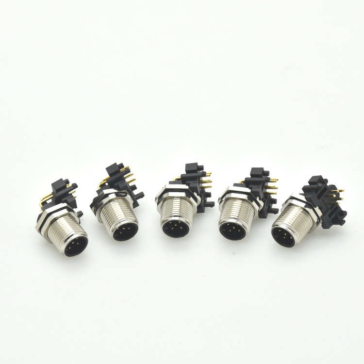 M12-5P圆形连接器弯针插座PCB式板接90°电路板M12