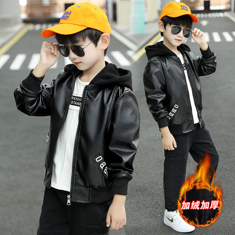 2020 Winter Kids new pattern Boy Korean Edition Plush thickening back letter leather clothing Large children PU coat