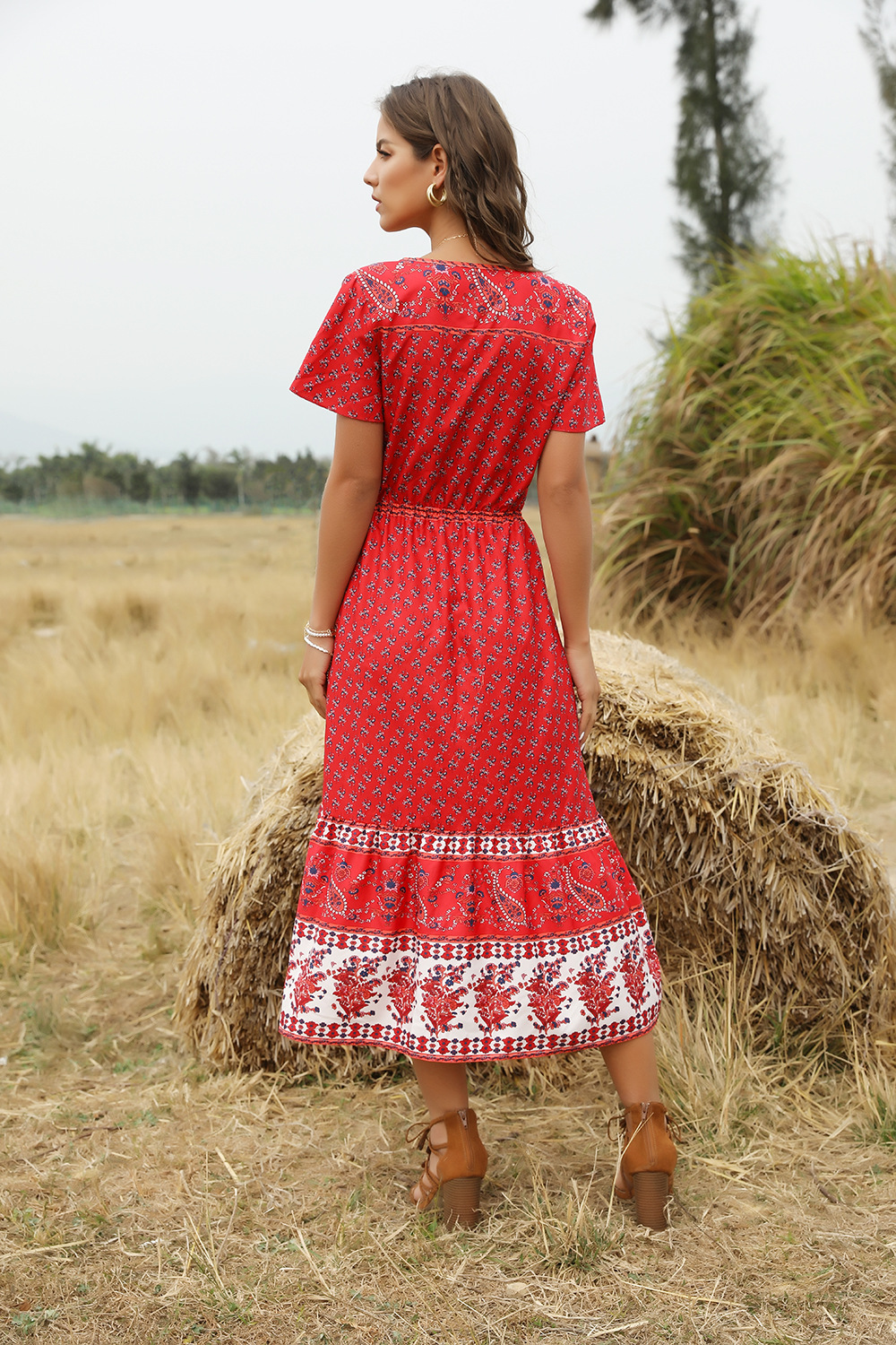 vestido de manga corta con cuello en V y estampado de primavera y verano NSDF1506