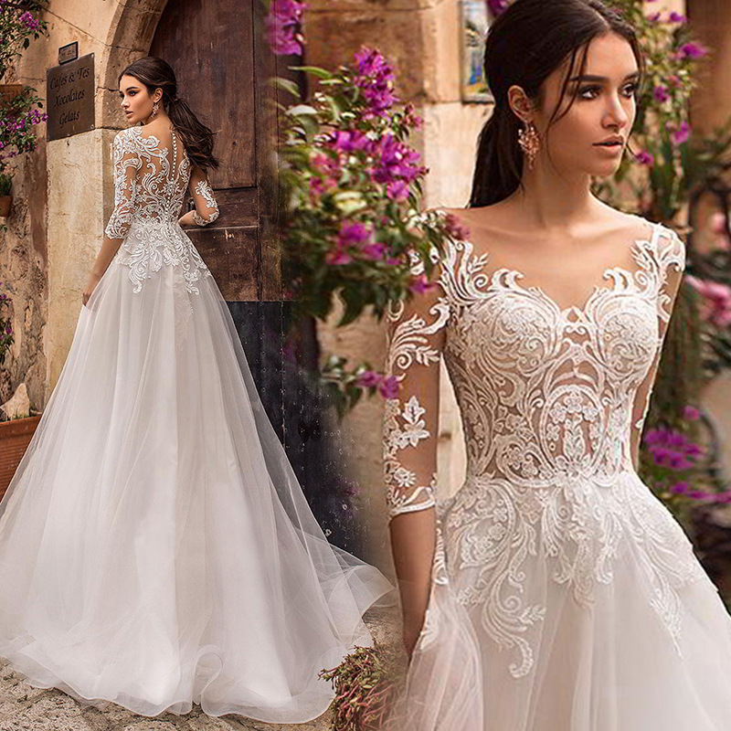 Sexy lace long-sleeve with a round collar for bride