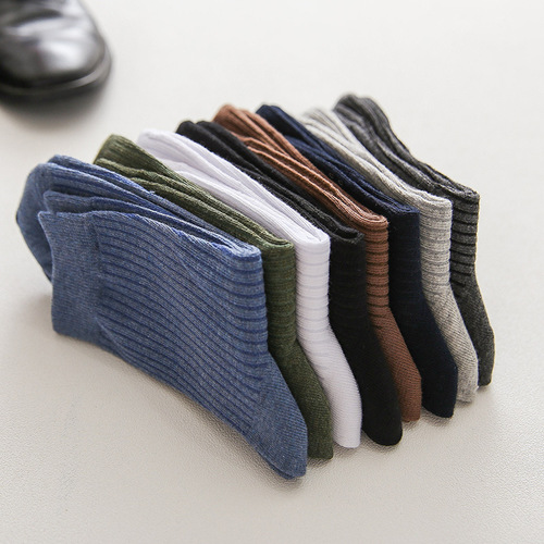 Manufacturer wholesale socks men's mid-calf socks solid color new vertical strip combed cotton socks sweat-absorbent casual versatile business socks