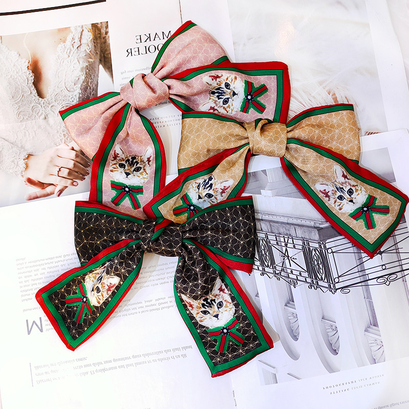 Korean Kitty Big Bow Hair Band Retro Silk Hairpin Stripe Printing Headband Wholesale Nihaojewelry display picture 20