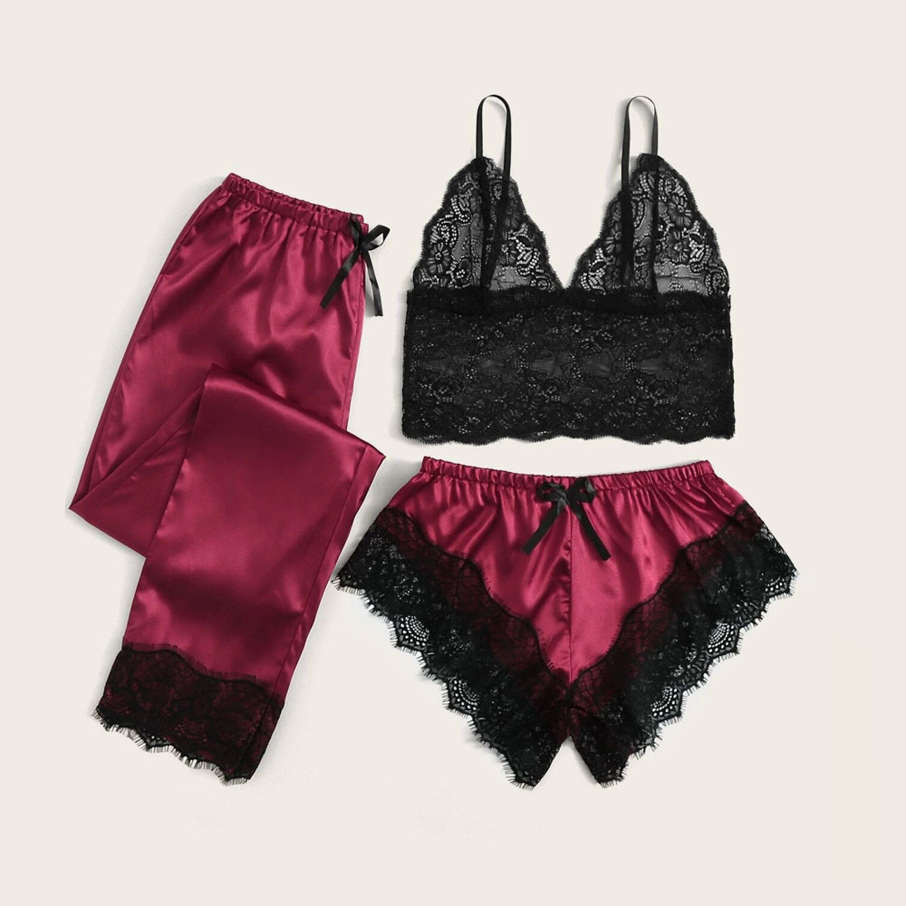 new wine red sexy satin three-piece lingerie  NSYO8716