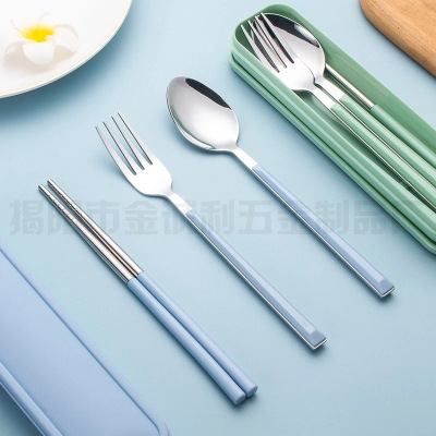Stainless steel chopsticks Spoon storage box suit family student Cutlery box suit Portable Three-piece Suite Long handle Fork