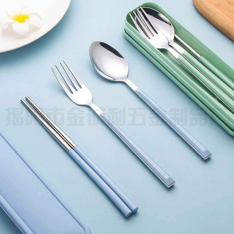 Stainless steel chopsticks Spoon storage box suit family student Cutlery box suit Portable Three-piece Suite Long handle Fork