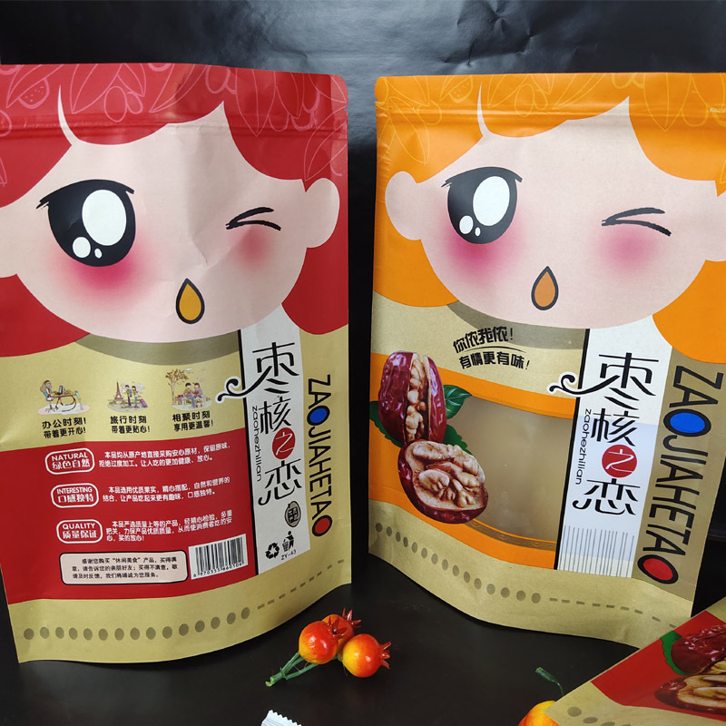 Jujube Kernel Love, jujube Sandwich Walnut, kraft paper window Bag, Snack Food Packaging Bag, Dried Fruit Self-sealing Bag in stock pic 3