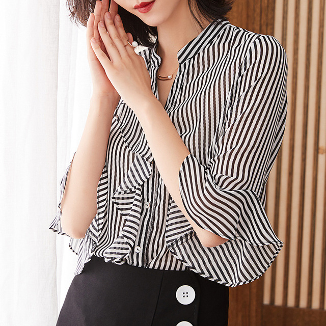 Stripe chiffon blouse women’s short sleeve summer Korean loose Ruffle shirt flare sleeve top