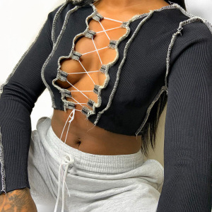 Strap cut out long sleeve sexy slim long sleeve top