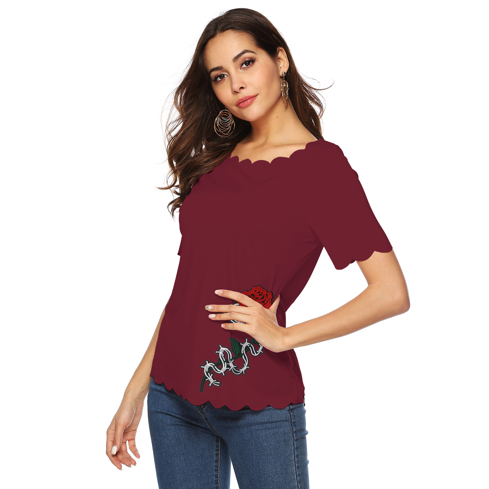 wave edge rose applique short-sleeved T-shirt NSOY46067