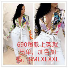 RNH690跨境货源2020欧美时尚印花开衫西装领休闲衬衣长袖女装工厂