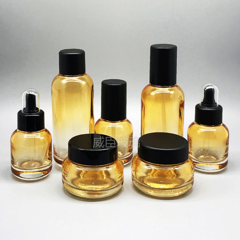 橙色新款定制玻璃瓶  化妆品套装瓶子批发 乳液按压瓶子100ml