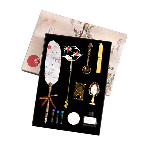 Chinese style feather dip pen pen set see crane return notebook fire paint cloud crane ink bag pen retro