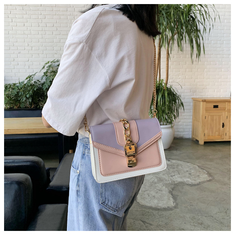 Small Artificial Leather Solid Color Fashion Contrast Color Chain Square Buckle Crossbody Bag display picture 1