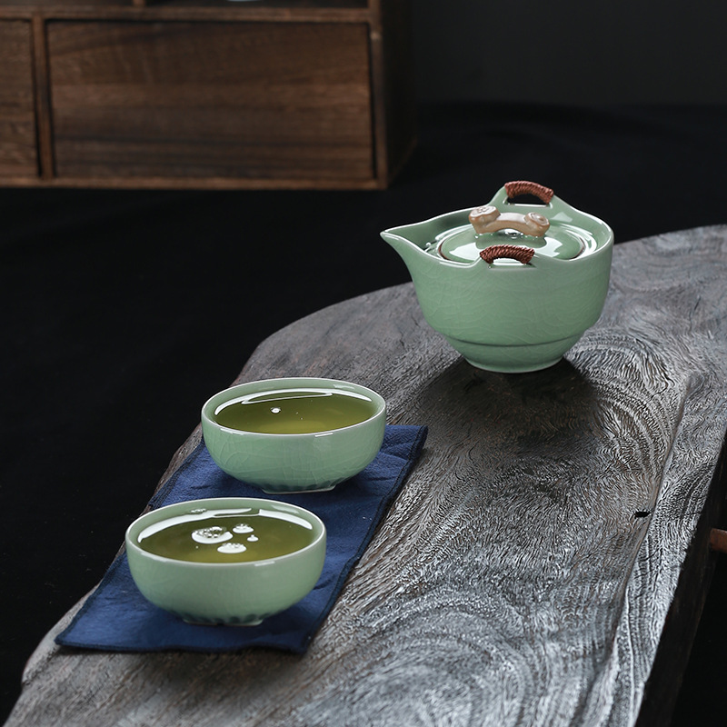 厂家直销汝窑快客杯陶瓷功夫茶具冰雷一壶二杯便携胶囊包商务礼品