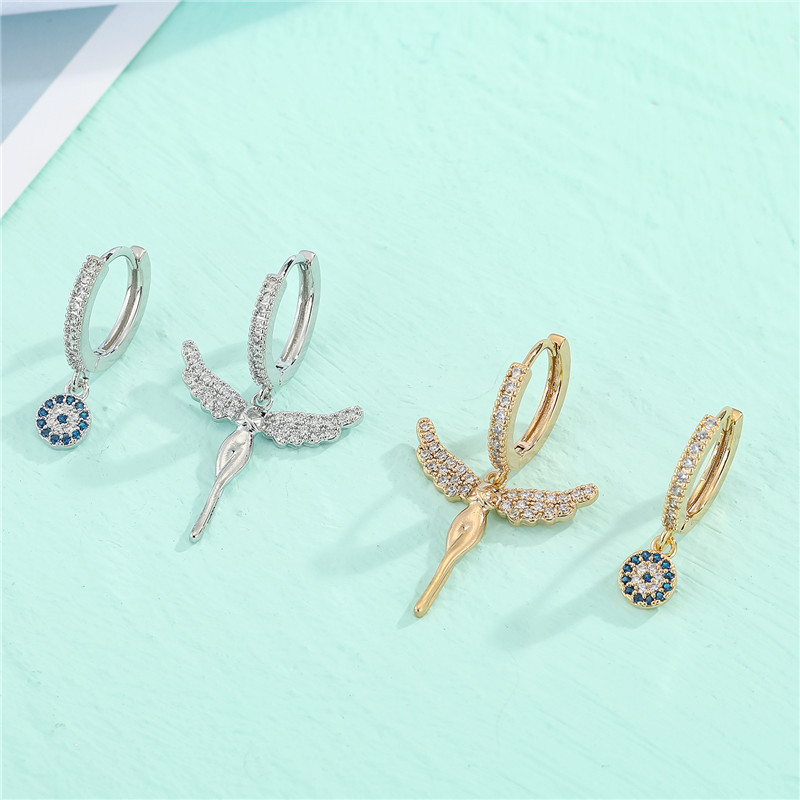Asymmetric Diamond-studded Sun Angel Wings Copper Micro-inlaid Zircon Earrings display picture 5