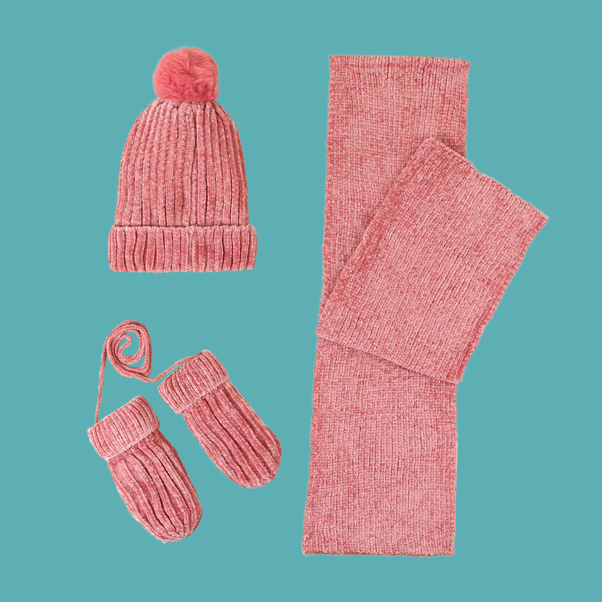 Children's Pink Hat Scarf Gloves Three-piece Set display picture 7