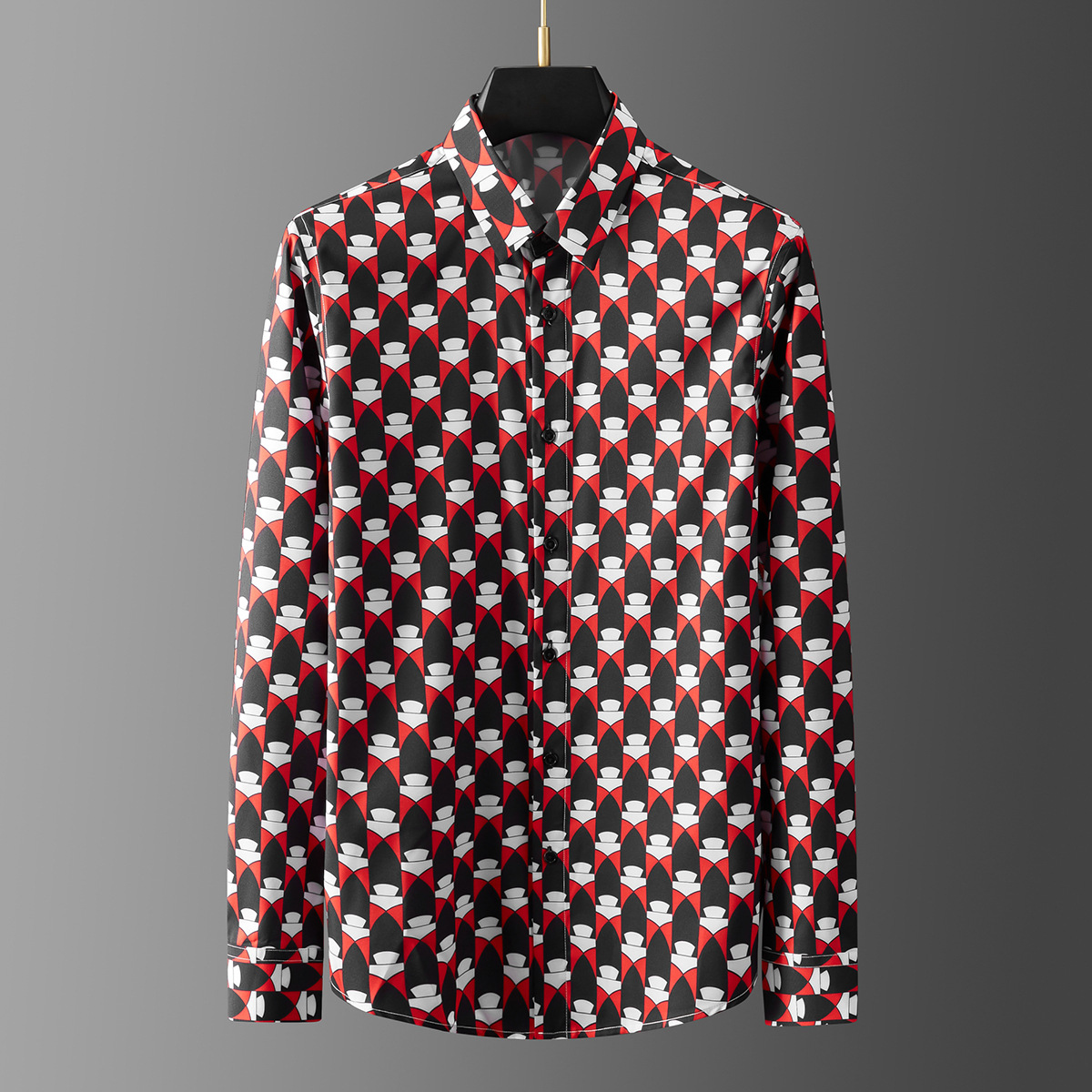 欧美新不规则全身几何立体数码印花男士长袖衬衫工厂直销一件代发