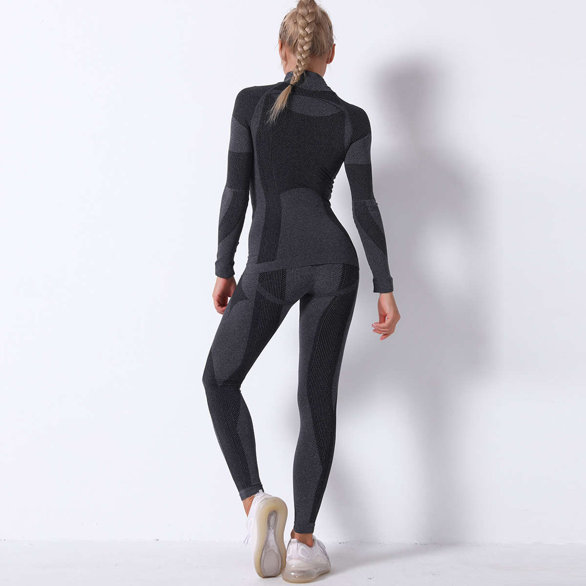 seamless knitted striped sports yoga long-sleeved two-piece suit  NSLX9020