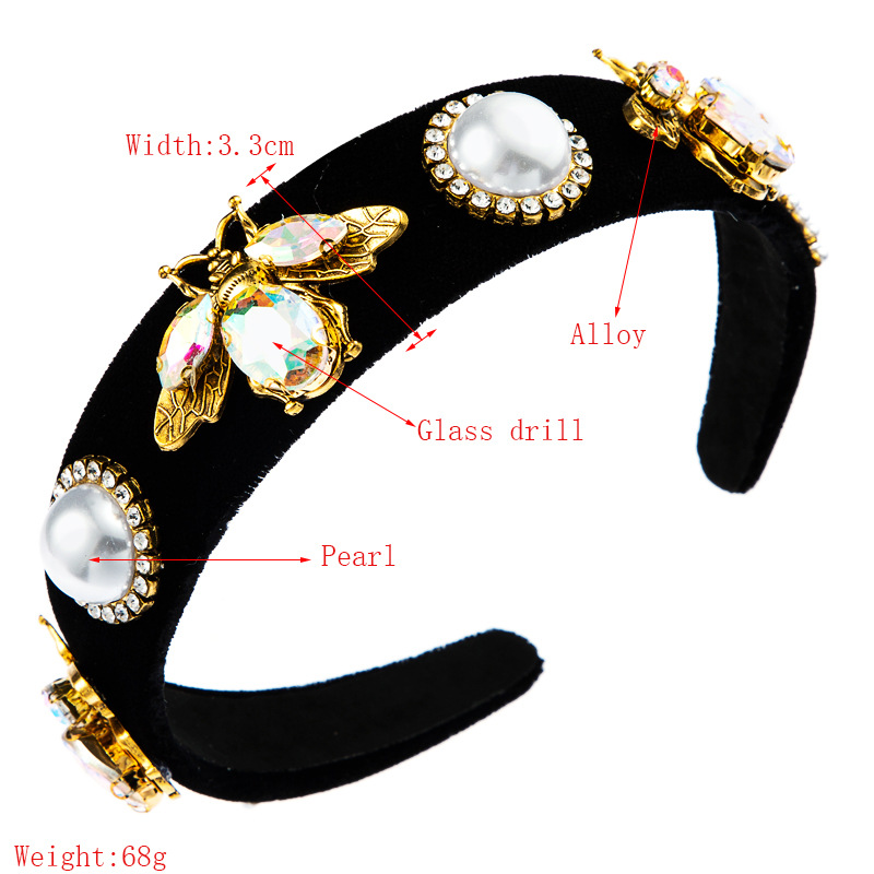 Hot Selling Gold Velvet Bee Flower Pearl Hair Hoop Simple Wild Wide-border Rhinestone Luxury Out Headband Wholesale Nihaojewelry display picture 1