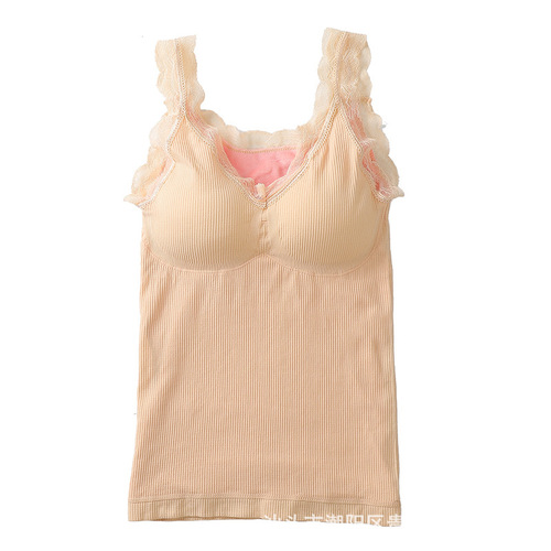 Bear Fairy Large Size V-Neck Strap Lace Sexy Nipple Pads Base Layer Top with Fleece and Thick Warm Innerwear for Women