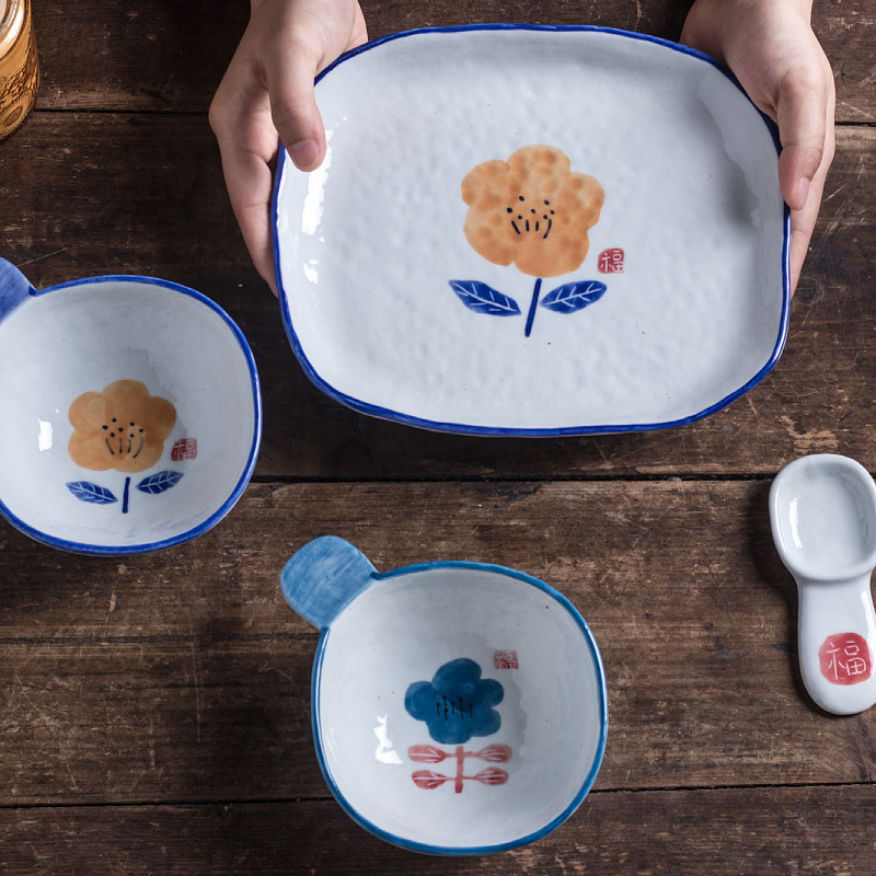 Jingdezhen Coarse Pottery Hand-painted Chinese Style Blue and White Fu Character Retro Art Ceramic Tableware Bowl, Plate and Spoon Set Gift Jingdezhen Coarse Pottery Hand-painted Chinese Style Blue and White Fu Character Retro Art Ceramic Tableware Bowl, Plate and Spoon Set Gift