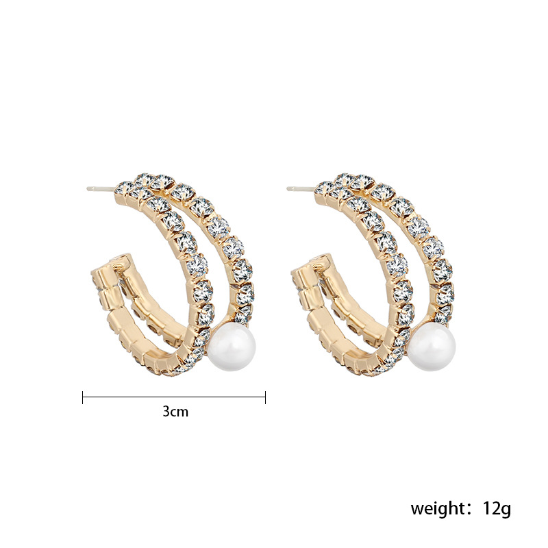13g Weight Earrings Classification Wedding, Travel, Birthday, Festival Occasion Women'S Gender Gold Color Personality Geometry C- Shaped Full Diamond Pearl Ring Earrings Elegant Classic Style Double C French Ins Earrings Earrings 无