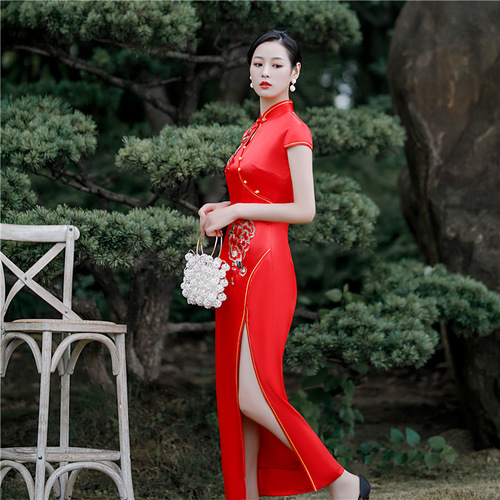 Cheongsam standing collar short sleeve antique long cheongsam skirt
