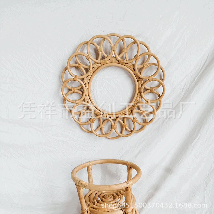 Nordic creative wall decoration wall hanging pieces rattan woven mirror retro home wall decoration hanging mirror art porch mirror