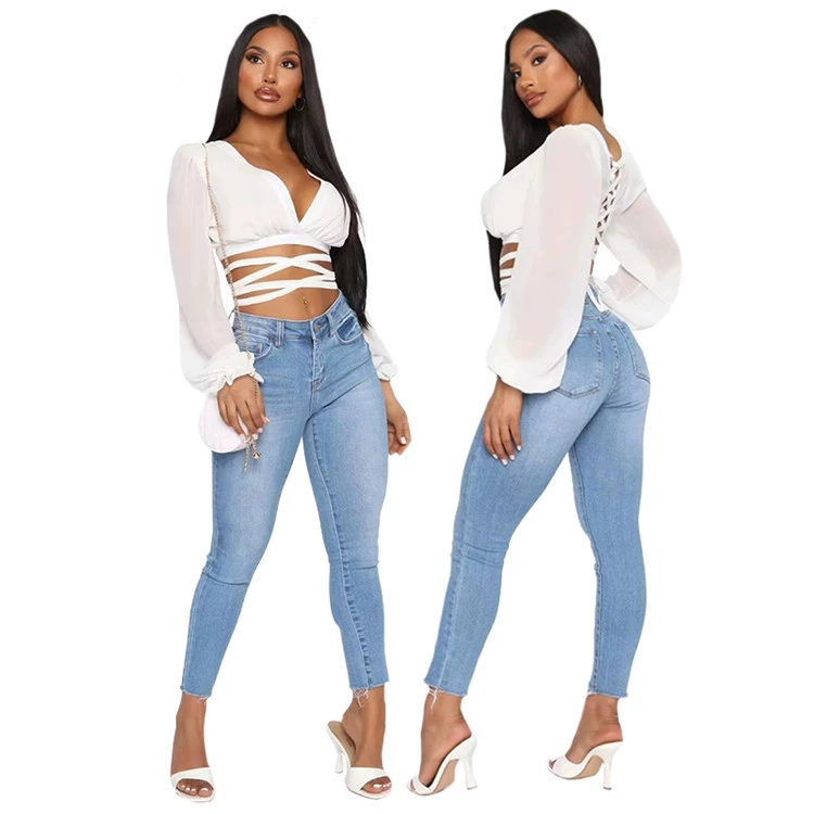 Женская шифоновая футболка G8017, однотонная шифоновая футболка с пышными рукавами и длинными рукавами-фонариками G8017, 2020