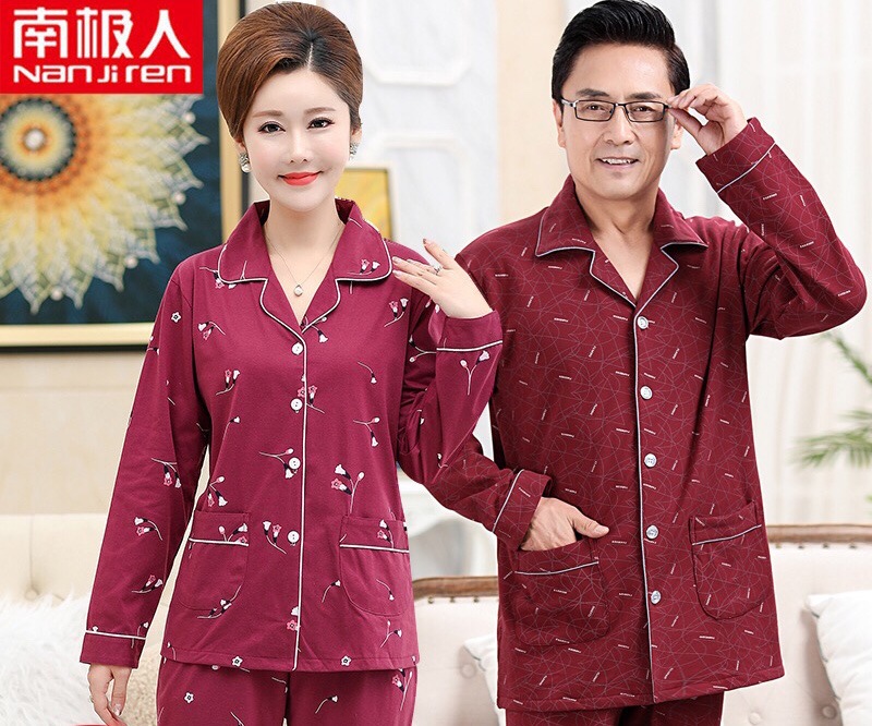 100% algodón de mediana edad y ancianos hombres y mujeres hombres y suegra Primavera y otoño pijamas viejos manga larga traje de invierno Suelto