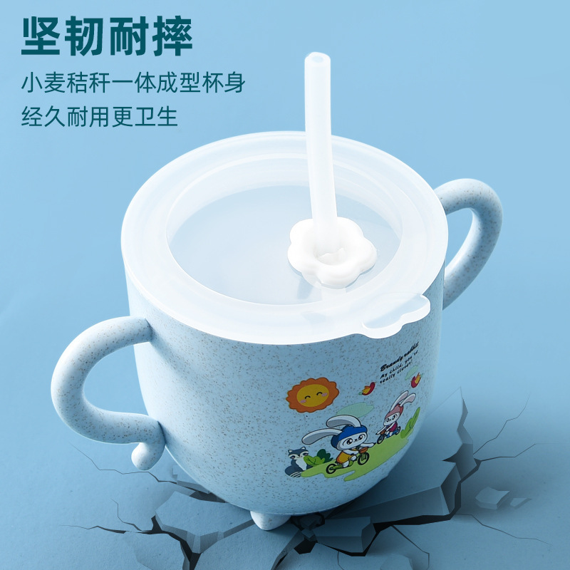 Taza de agua de paja de trigo con escala bebé con tapa taza de beber niños lindo regalo de taza de dibujos animados