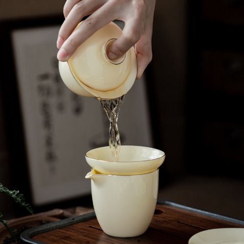 Mutton fat jade gem yellow complete set of kung fu tea set simple home office activities high-end business gift logo