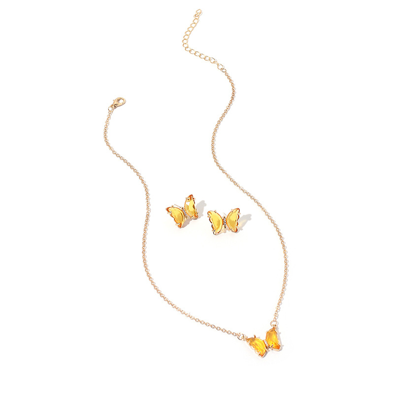 Simple New  Gold Simple Acrylic Diamond Sen Butterfly Pendant Earrings Necklace Clavicle Chain Set display picture 3