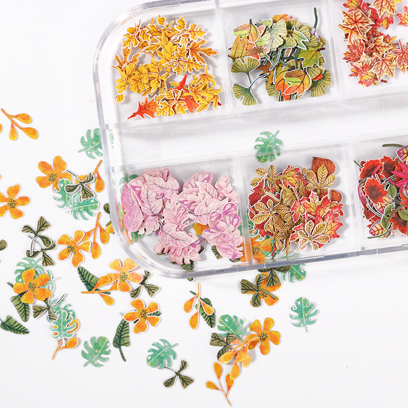 Fingerpiece manicure pulpa de madera de hoja de arce 240 piezas de color pegatinas de uñas de hoja de arce hechas a mano piezas de pulpa de madera de manicure tridimensional colorido