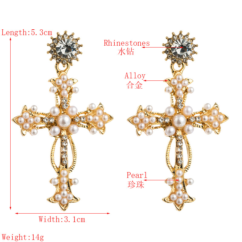 Style Fashion Long Earrings Ladies Alloy Diamond Pearl Earrings Creative Exaggerated Cross Earrings Wholesale display picture 1