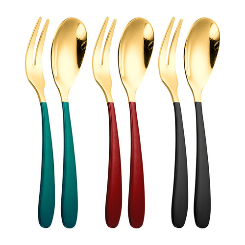 Internet celebrity light luxury ins fruit fork coffee spoon thickened 304 stainless steel green gold plated mooncake dessert fork and spoon set