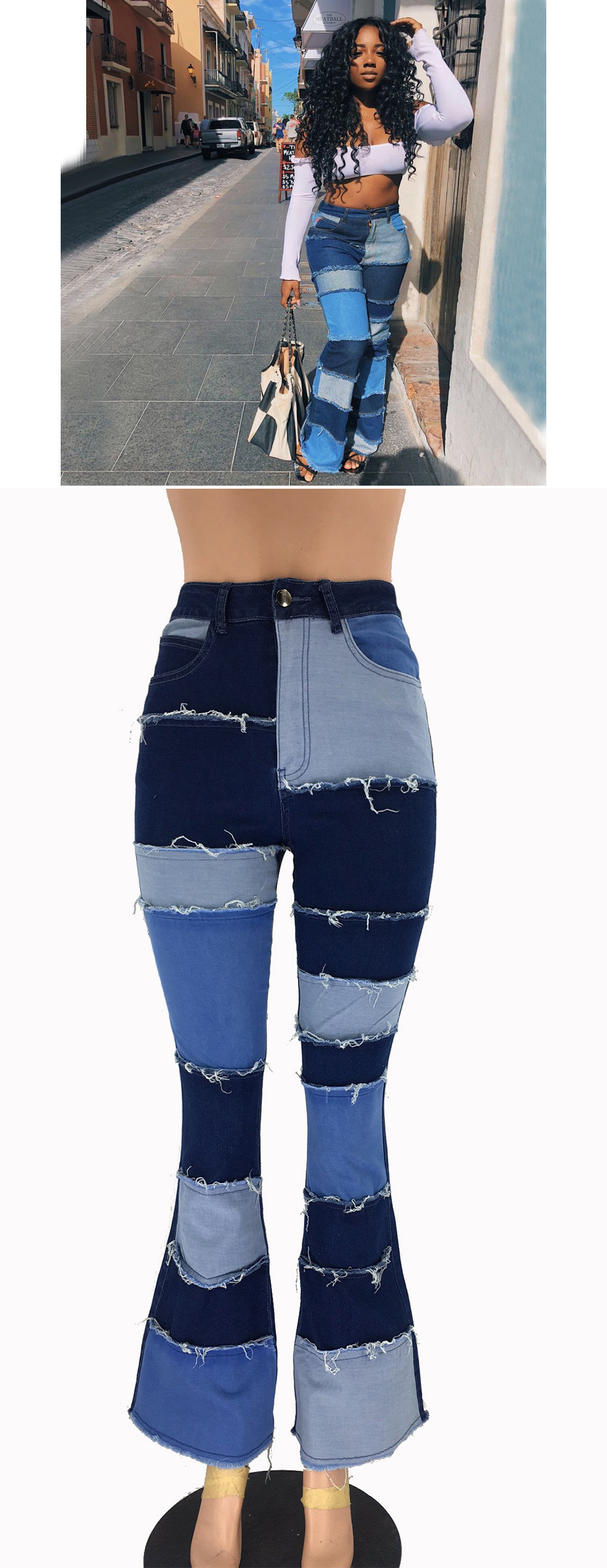 fashion stitching high waist tight horn jeans NSYB65110