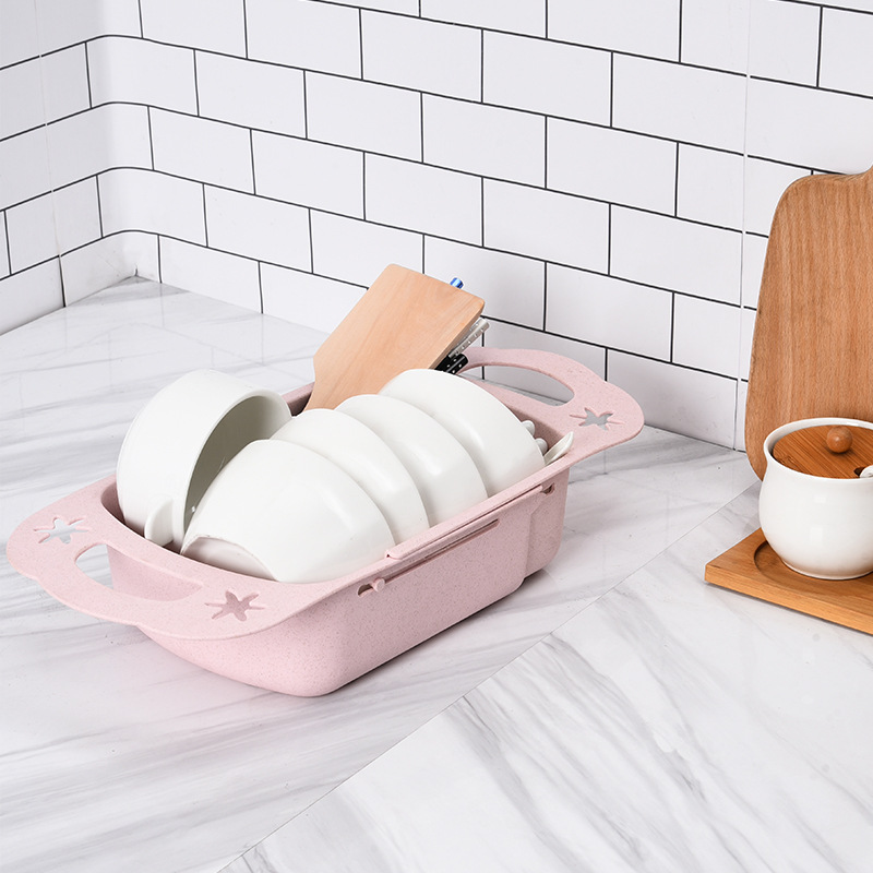 Estante de almacenamiento de fregadero de cocina cesta de drenaje retráctil hogar cesta de lavado de frutas y verduras paja de trigo tazón de plástico estante de palillos