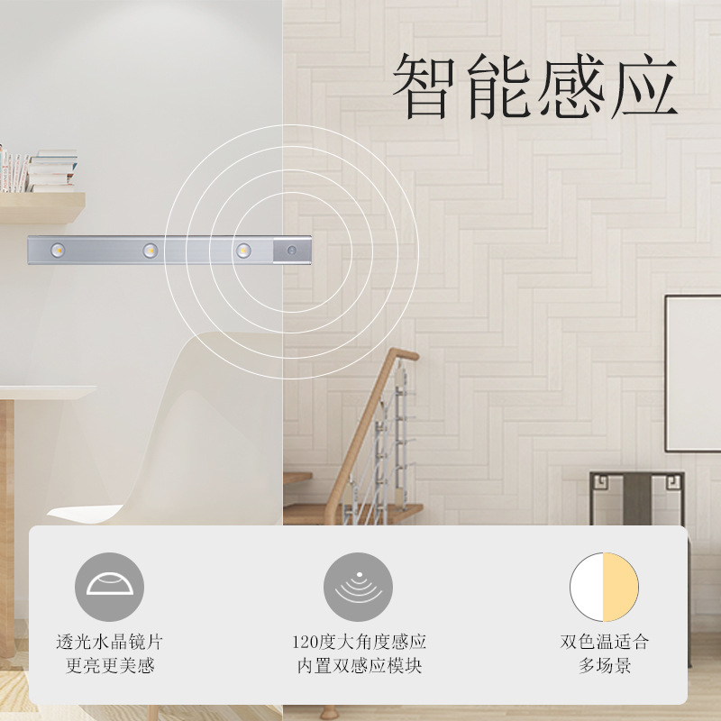 跨境无线人体感应灯usb充电三色调光智能衣柜灯超薄led感应橱柜灯