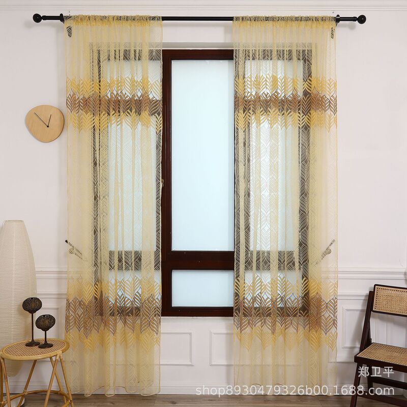 Factory supply hollow leaves offset printing window screen transparent gauze curtain balcony bedroom cross-border AliExpress curtain wholesale