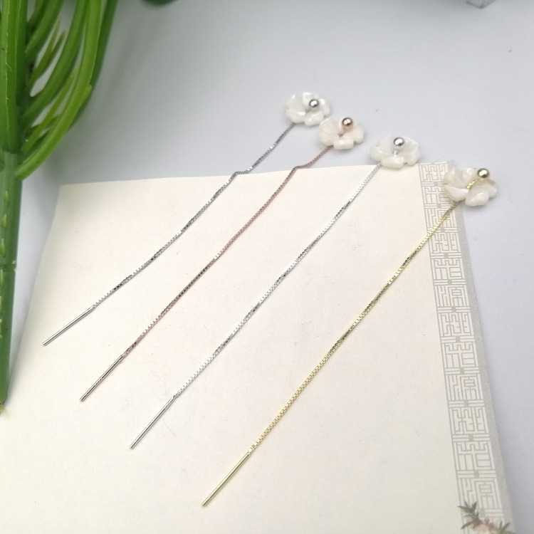 s925纯银耳线韩版百搭简约时尚个性白色贝壳螺旋花泡泡盒子链耳线|ms