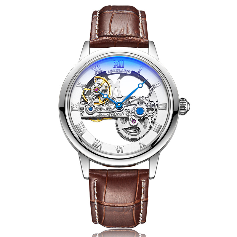 Ogulas AOKULASIC reloj mecánico automático para hombre hollow-out transparent flywheel Belt reloj 5003G