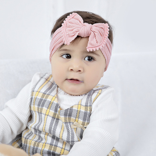 Amazon super soft fashionable wide jacquard baby headband bow fur ball edge hairband cute headband for girls