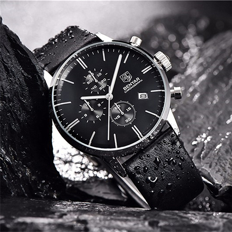 Nuevo reloj BENYAR hombres de moda multi-funcional impermeable calendario cuero acero Shell reloj 2720K