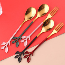 网红新款创意树叶咖啡勺 厂家直供墨绿色树枝水果叉超市批发勺子